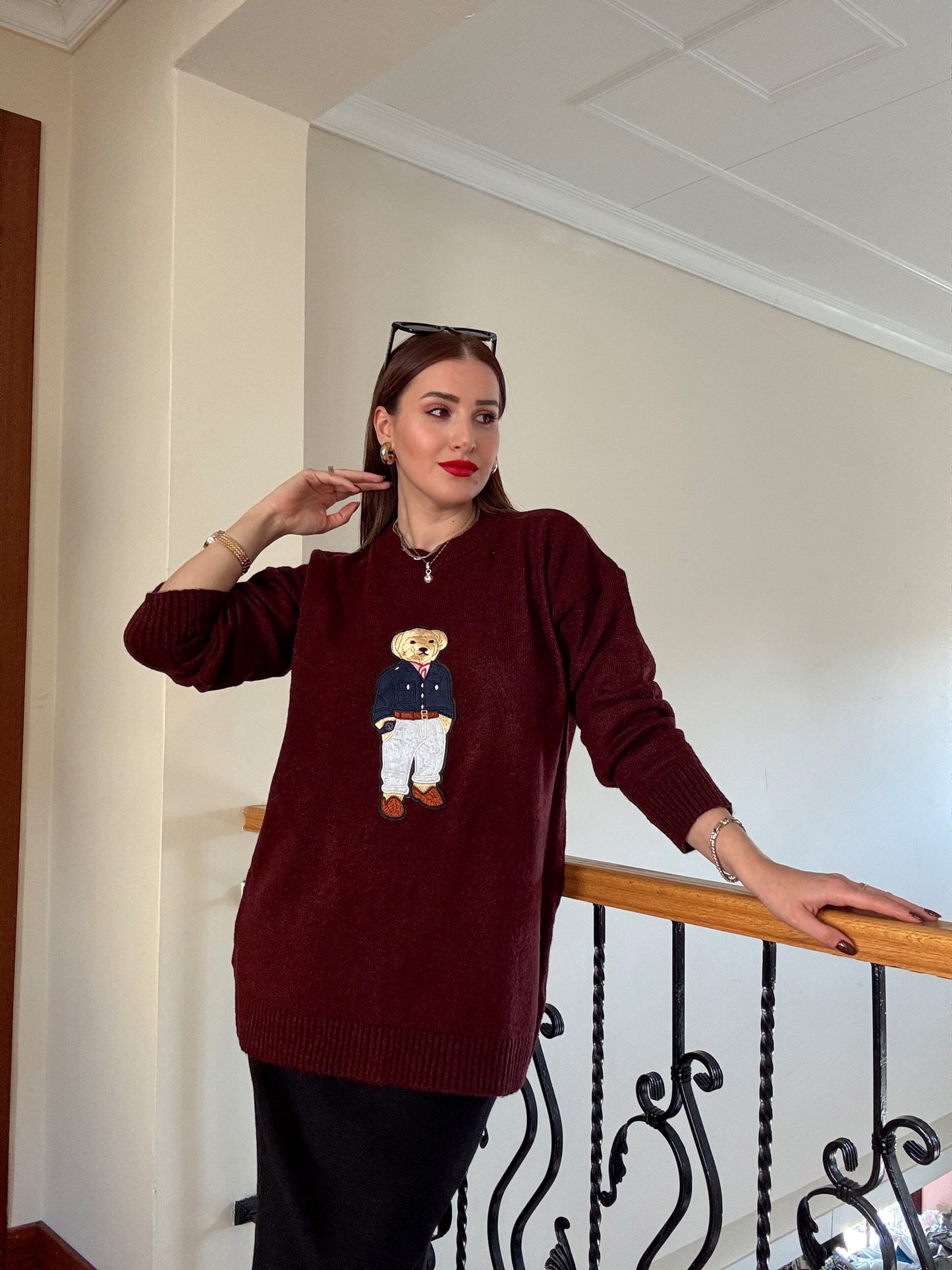 Ayıcık İşleme Yumoş Triko Kazak - BORDO