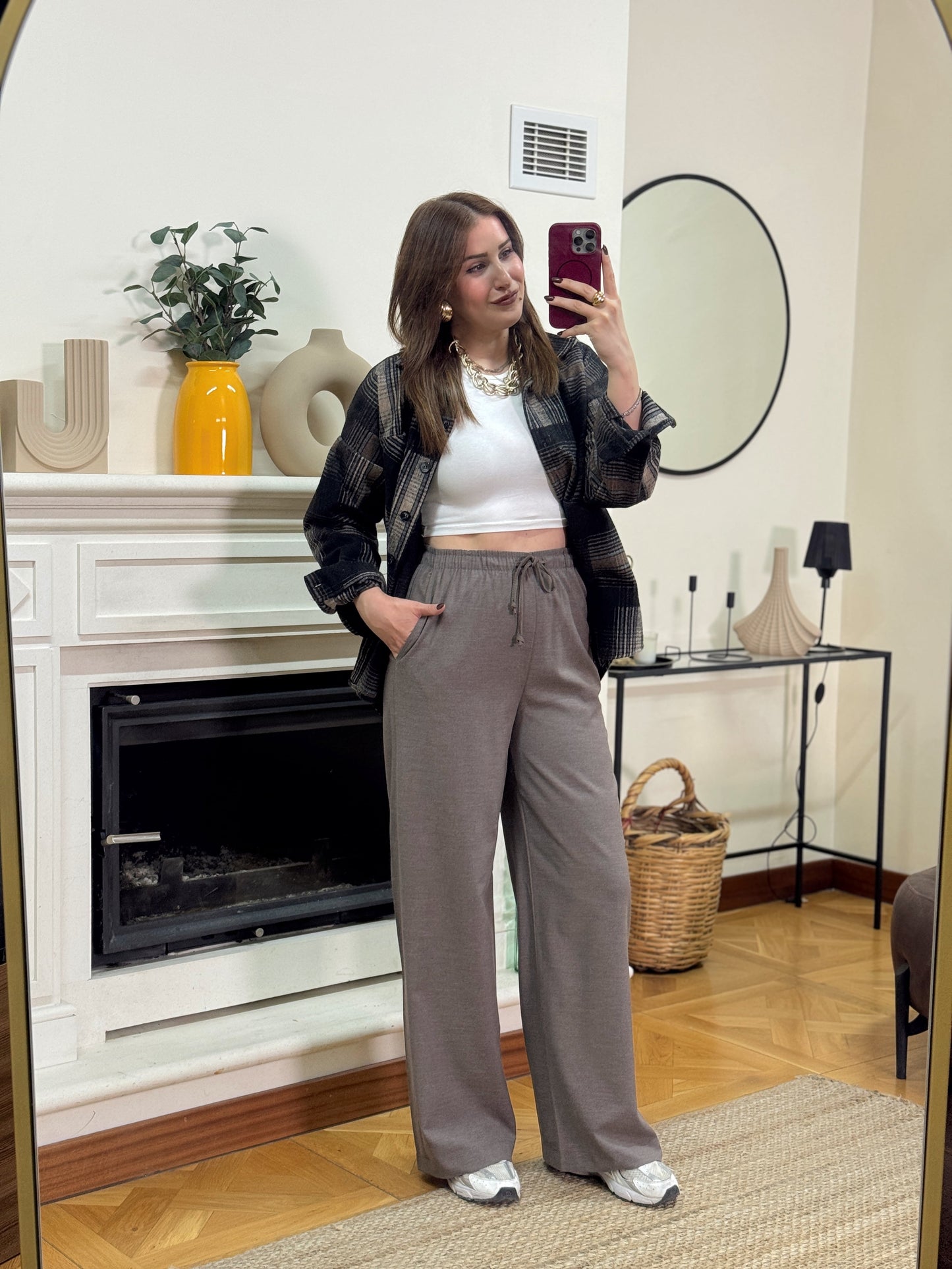 Bağcıklı palazzo pantolon-VİZON