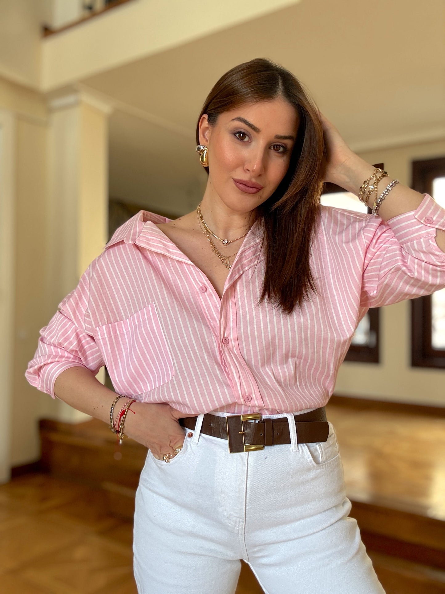 Tek cep çizgili gömlek Pembe