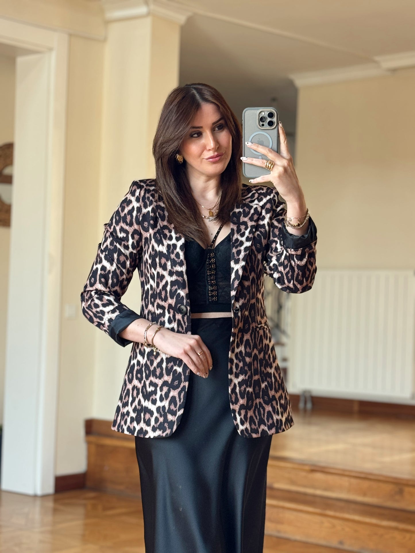 Tek Düğme leopar ceket Leopar