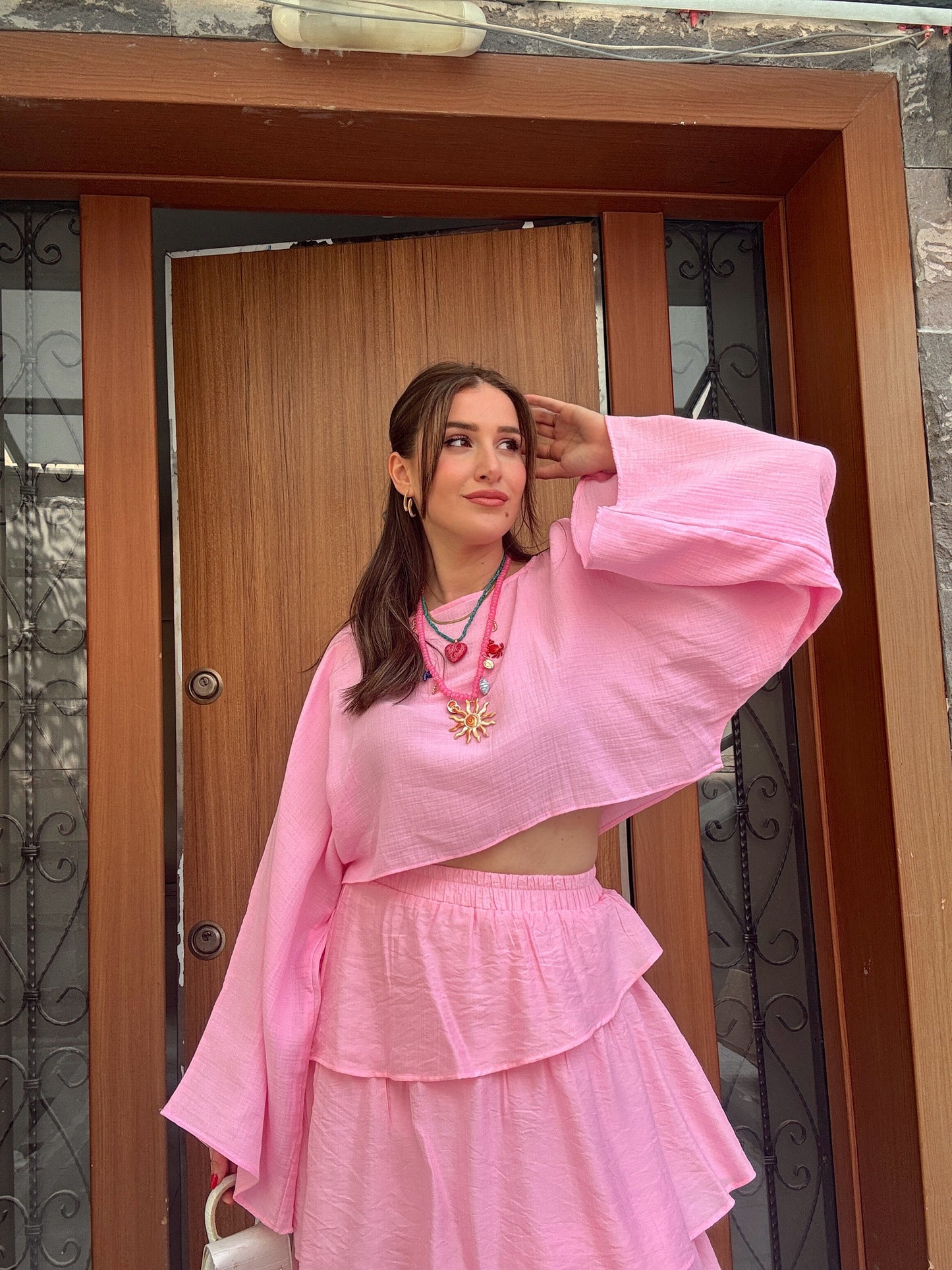Yarasa kol crop müslin bluz PEMBE