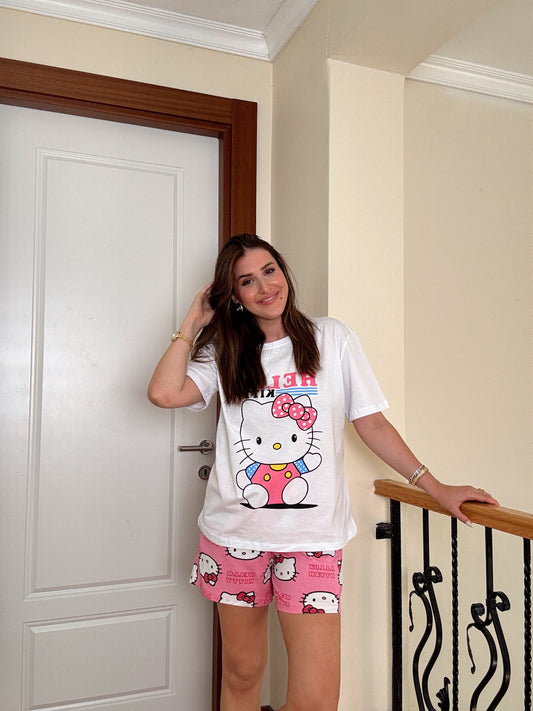 Hello Kitty Baskılı Pijama Takımı Beyaz