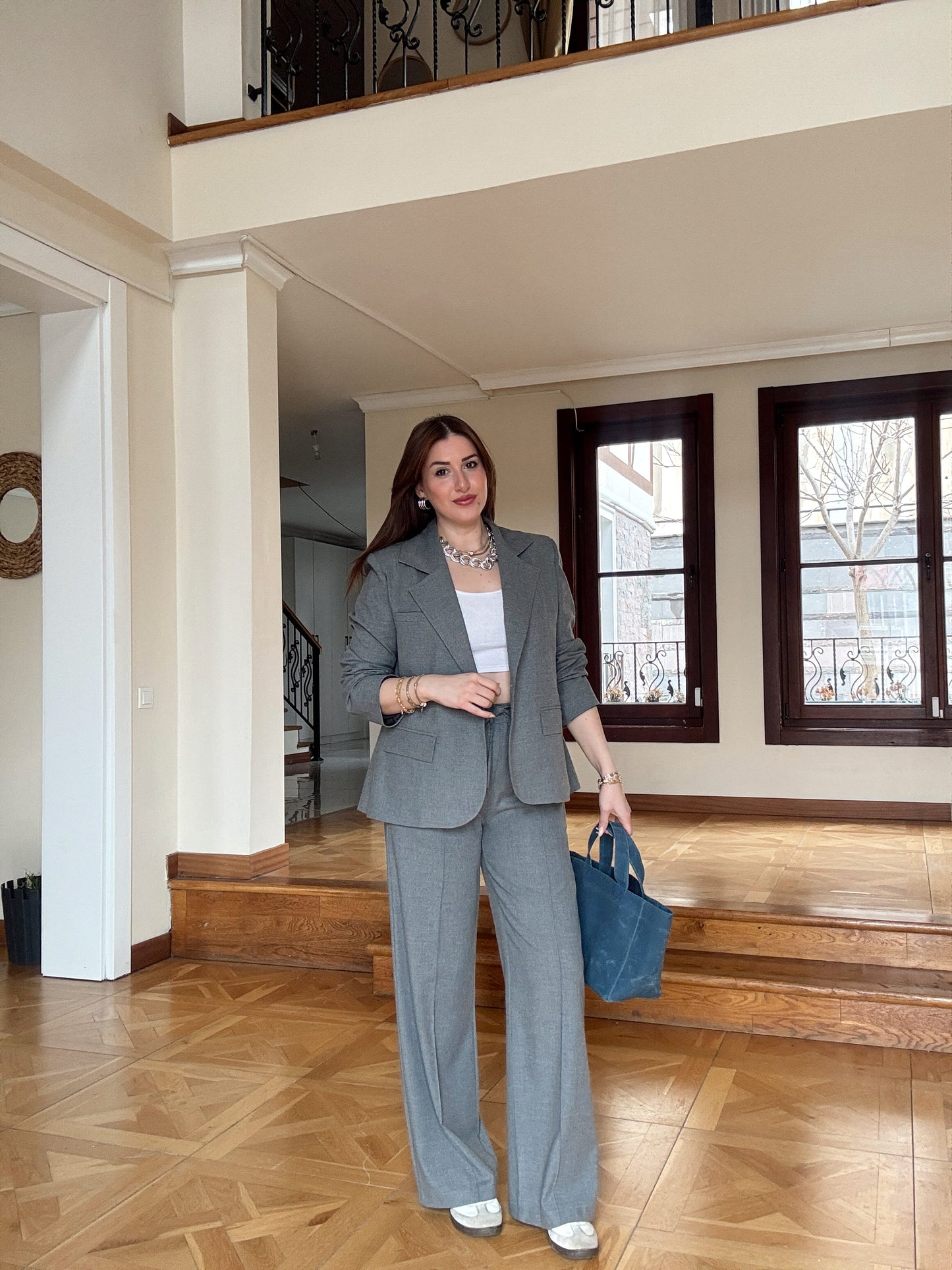 Arkası Düğme Detaylı Çizgili Takım-ANTRASİT