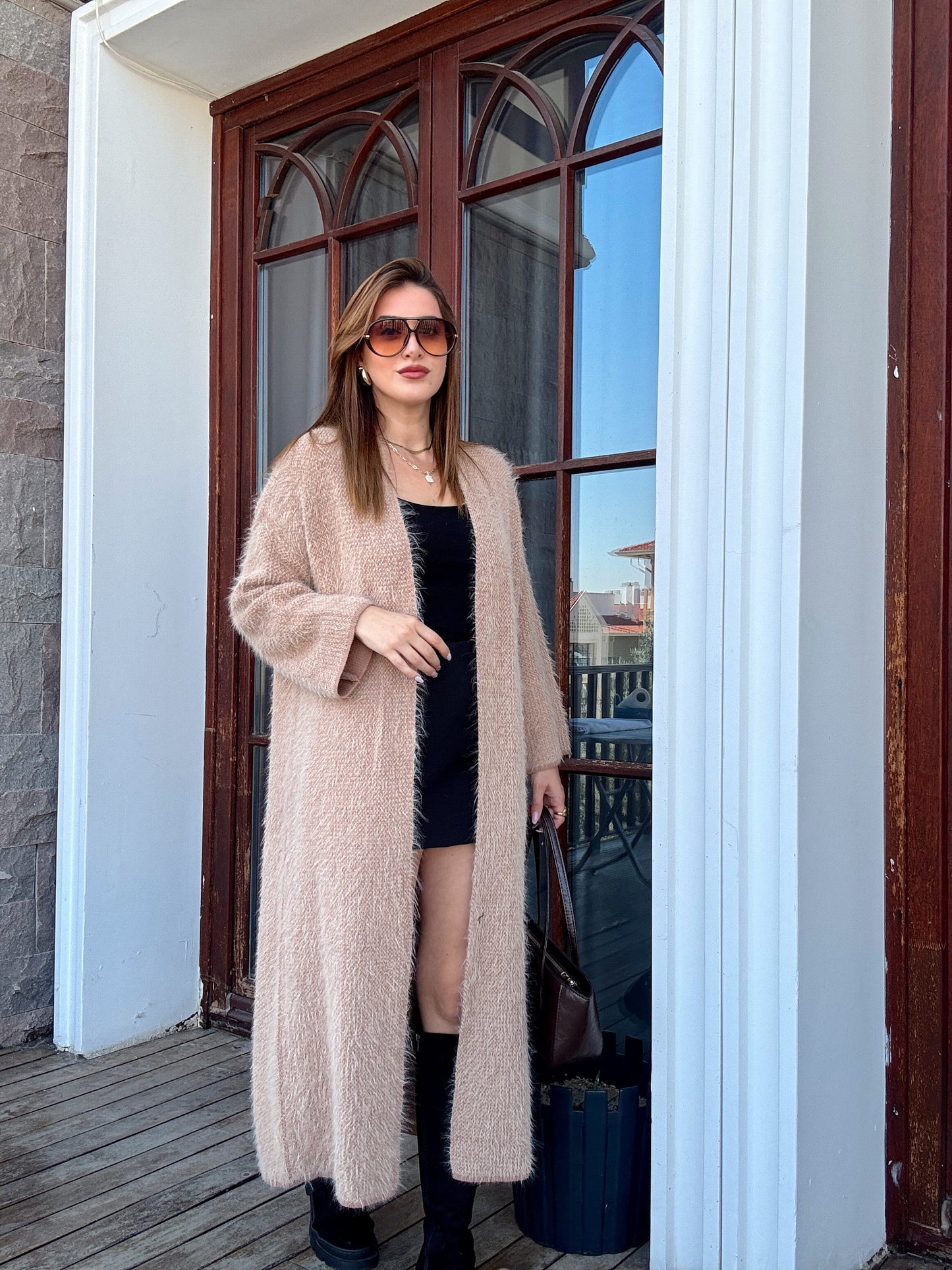 Kırçıllı sakal kumaş uzun hırka Camel