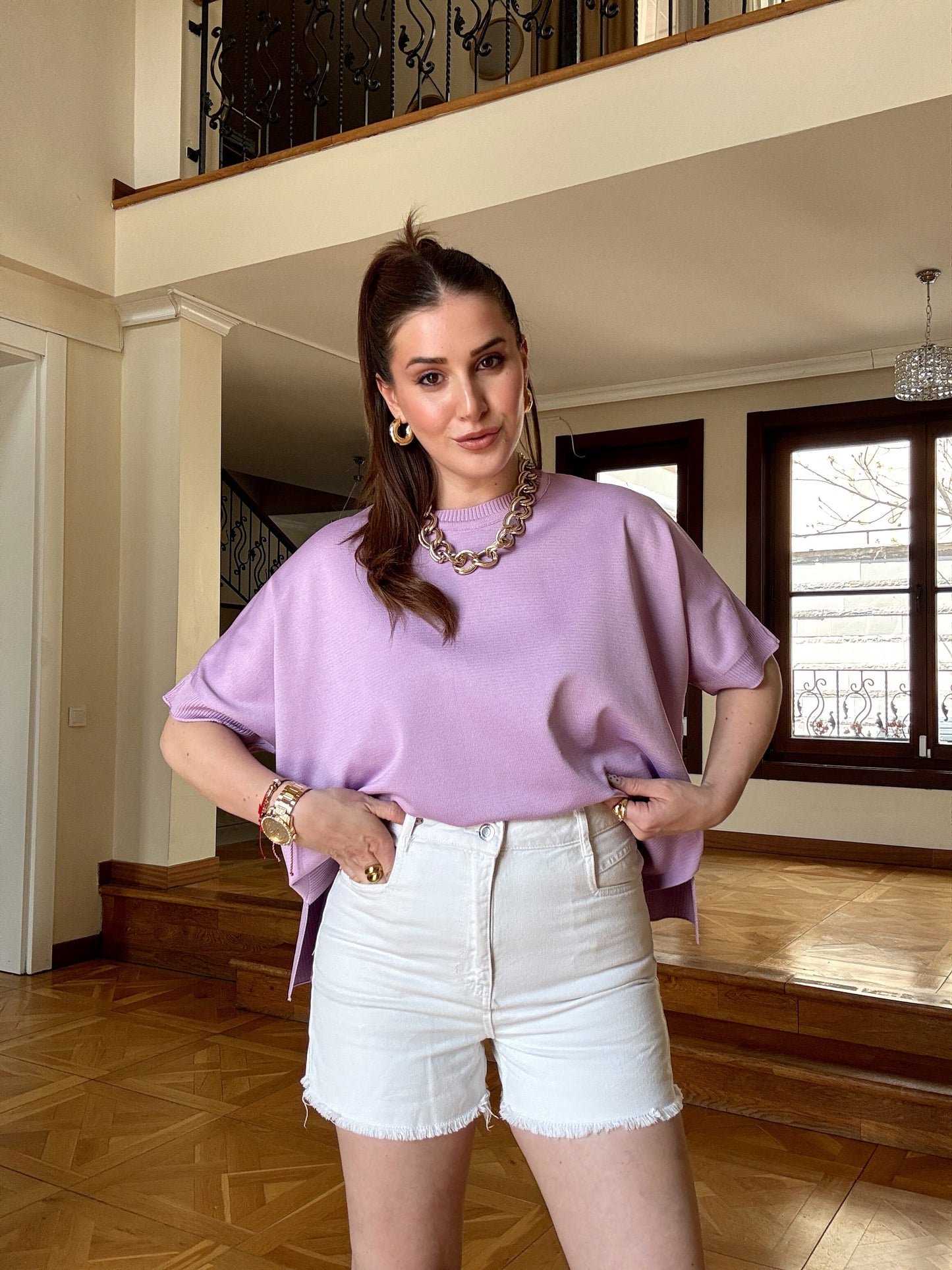 Kısa Kollu Oversize Triko Kazak-LİLA