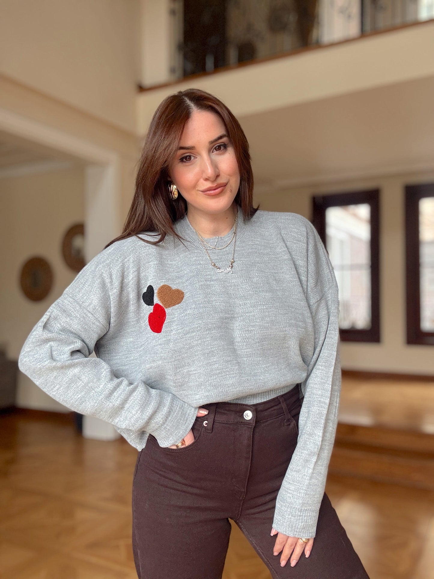 Üç Kalp Nakışlı Kazak GRİ