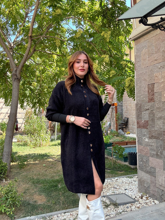 Sakal kumaş düğmeli premium hırka siyah