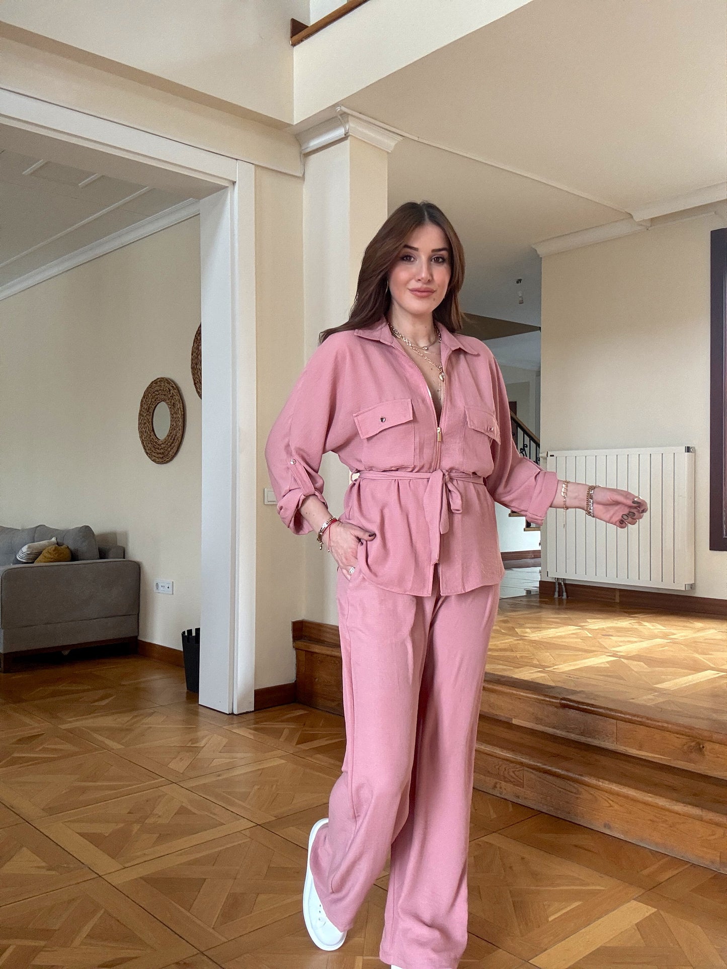 Tensel kumaş Gold Fermuarlı Kuşaklı Takım-Pudra
