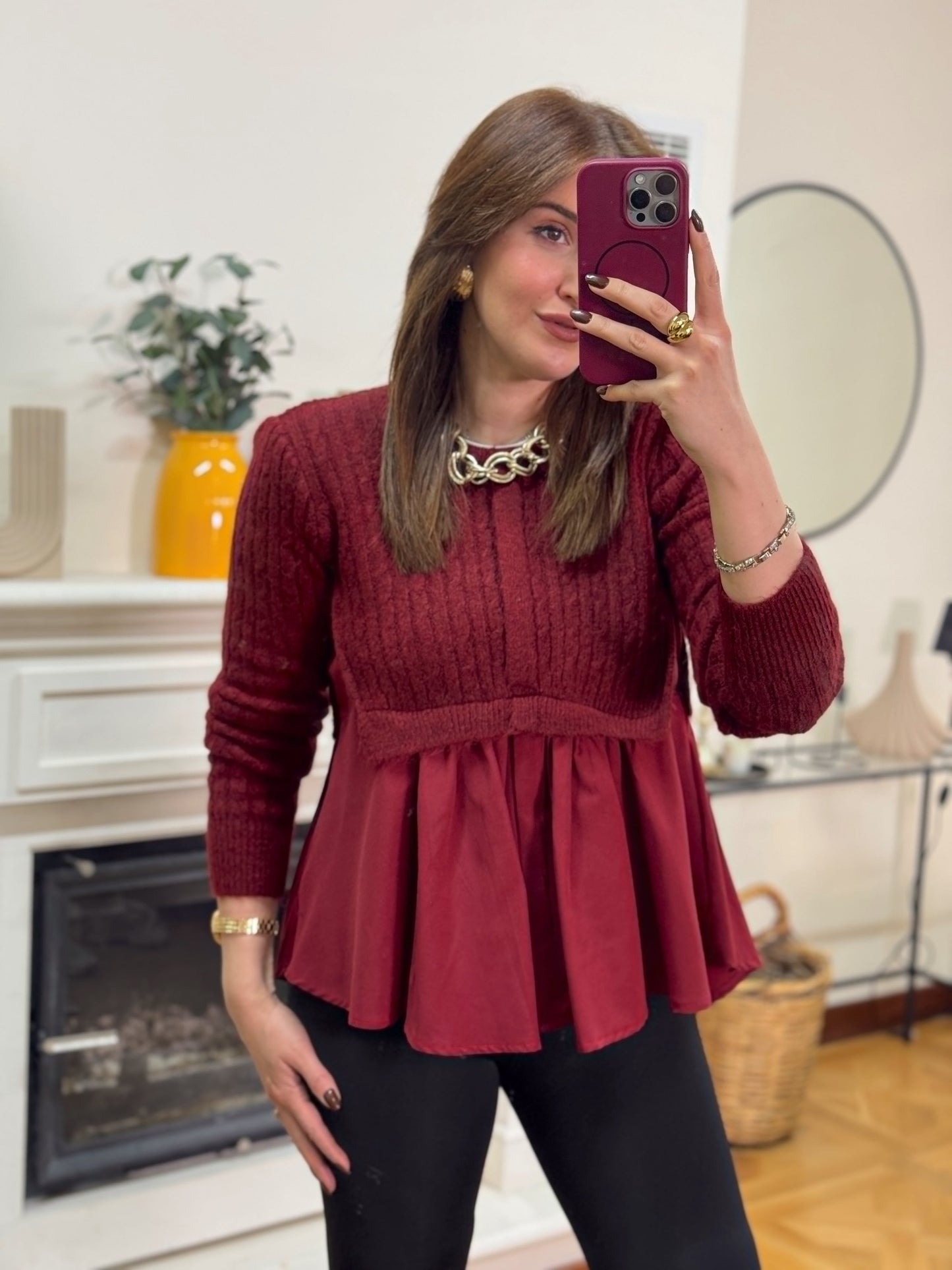 Poplin gömlek garnili triko kazak -BORDO