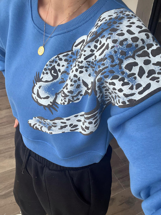 Leopar Baskı Crop Sweat KLS344 MAVİ