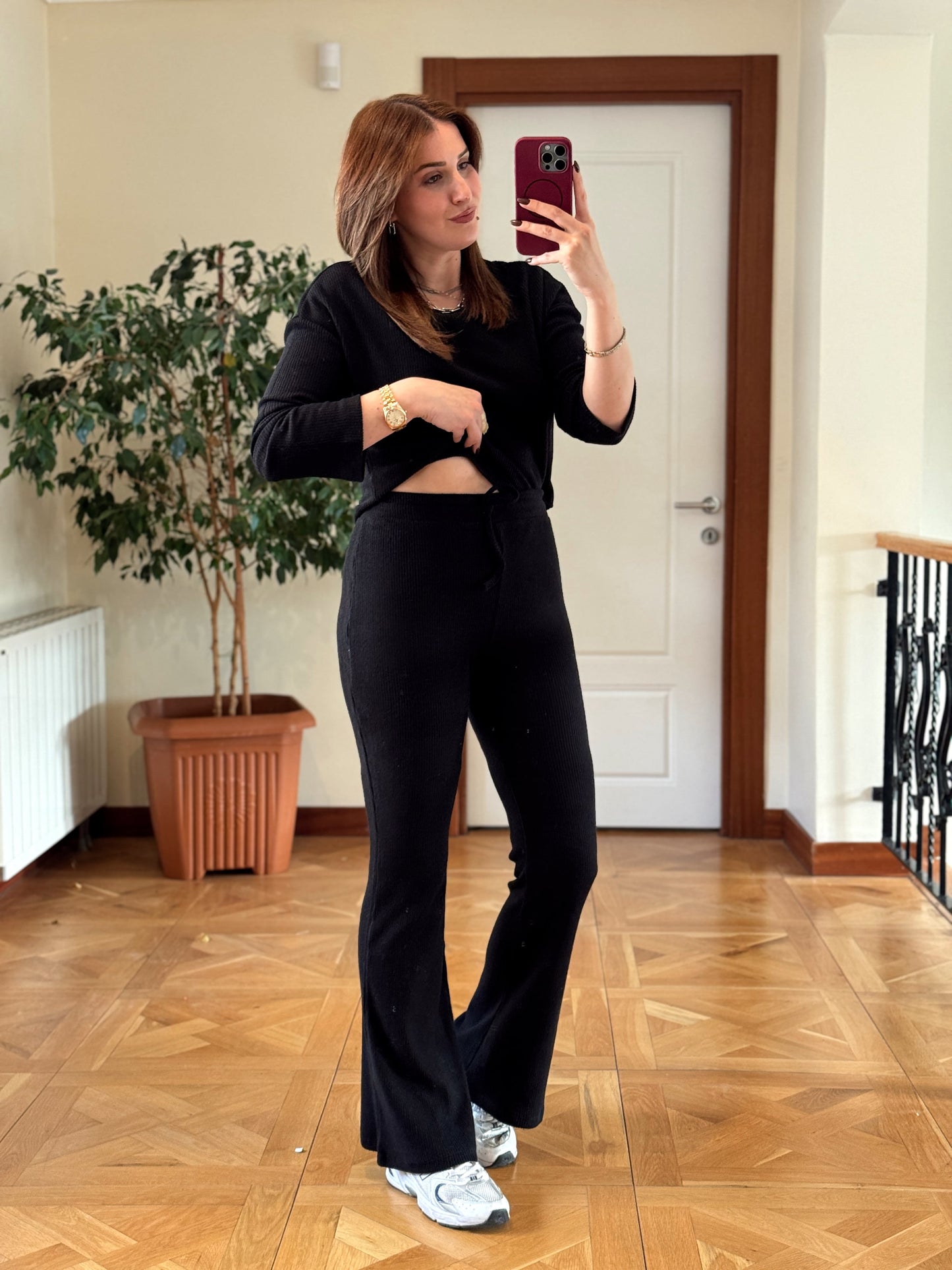 Fitilli bisiklet yaka crop bol paça pantolon takım-SİYAH