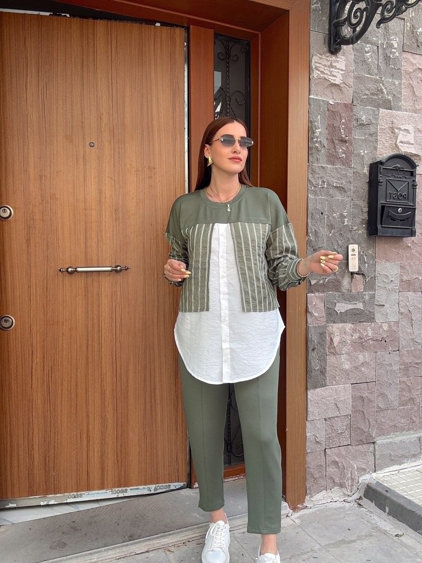 Çizgili gömlekli ikili takım YEŞİL