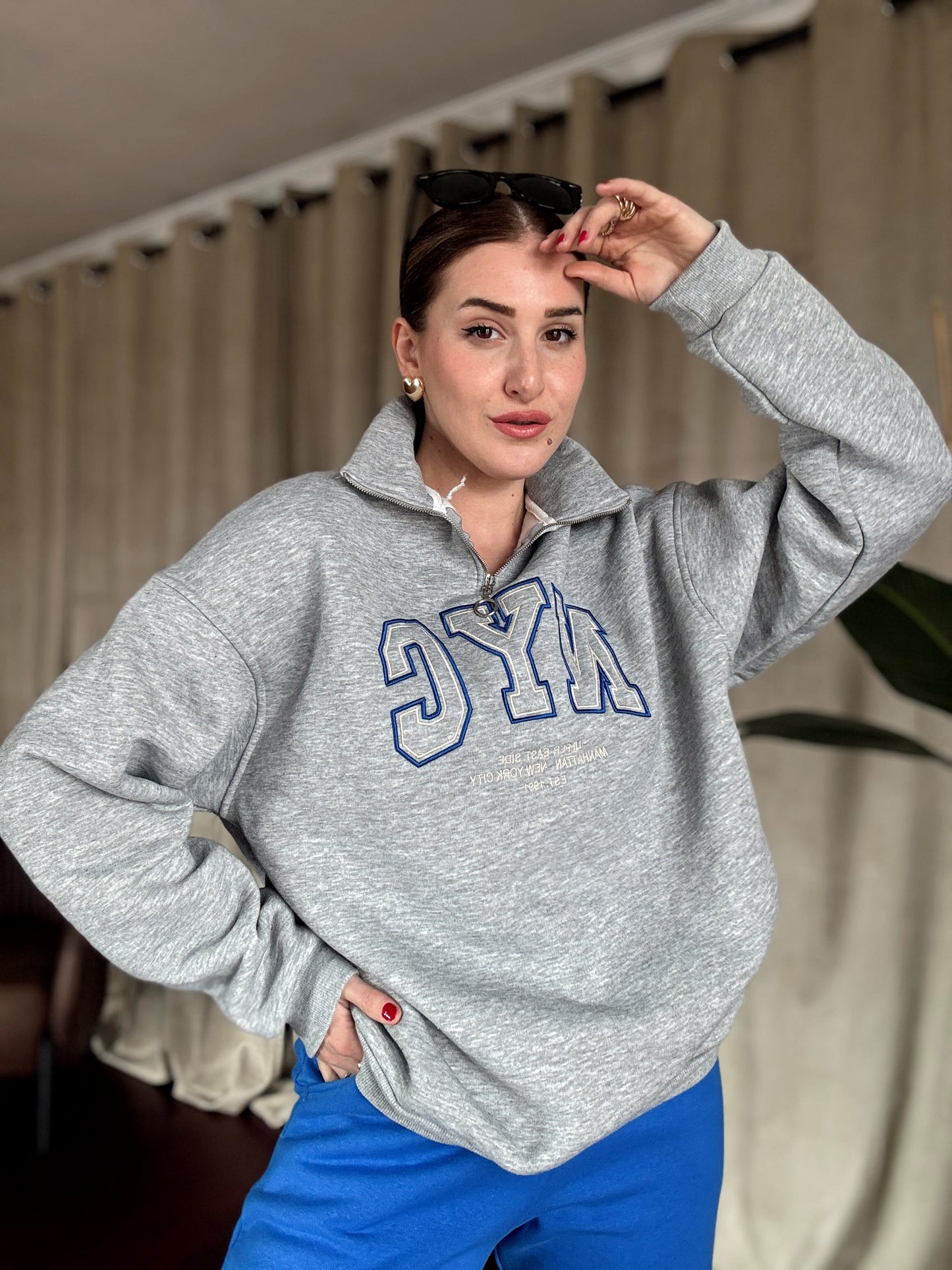 NYC Nakışlı Fermuarlı 3 İplik Şardonlu Sweatshirt- GRİ