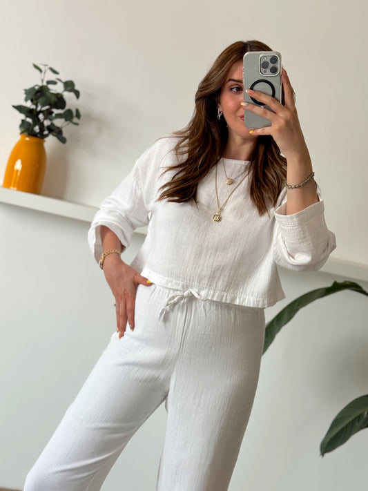 Keten uzun kol crop pantolon ikili takım BEYAZ