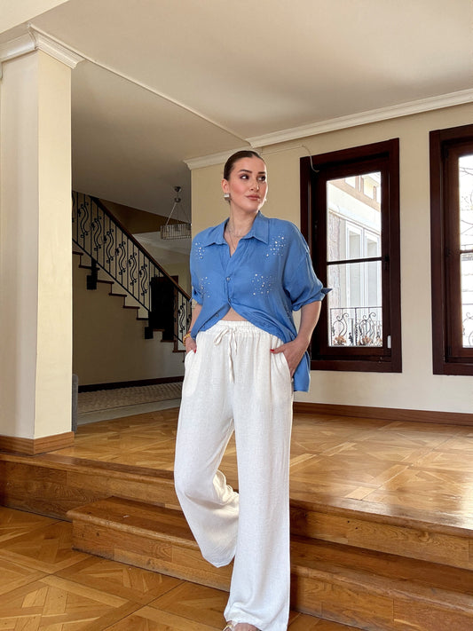 Yumuşak keten beli lastikli pantolon KIRIK BEYAZ