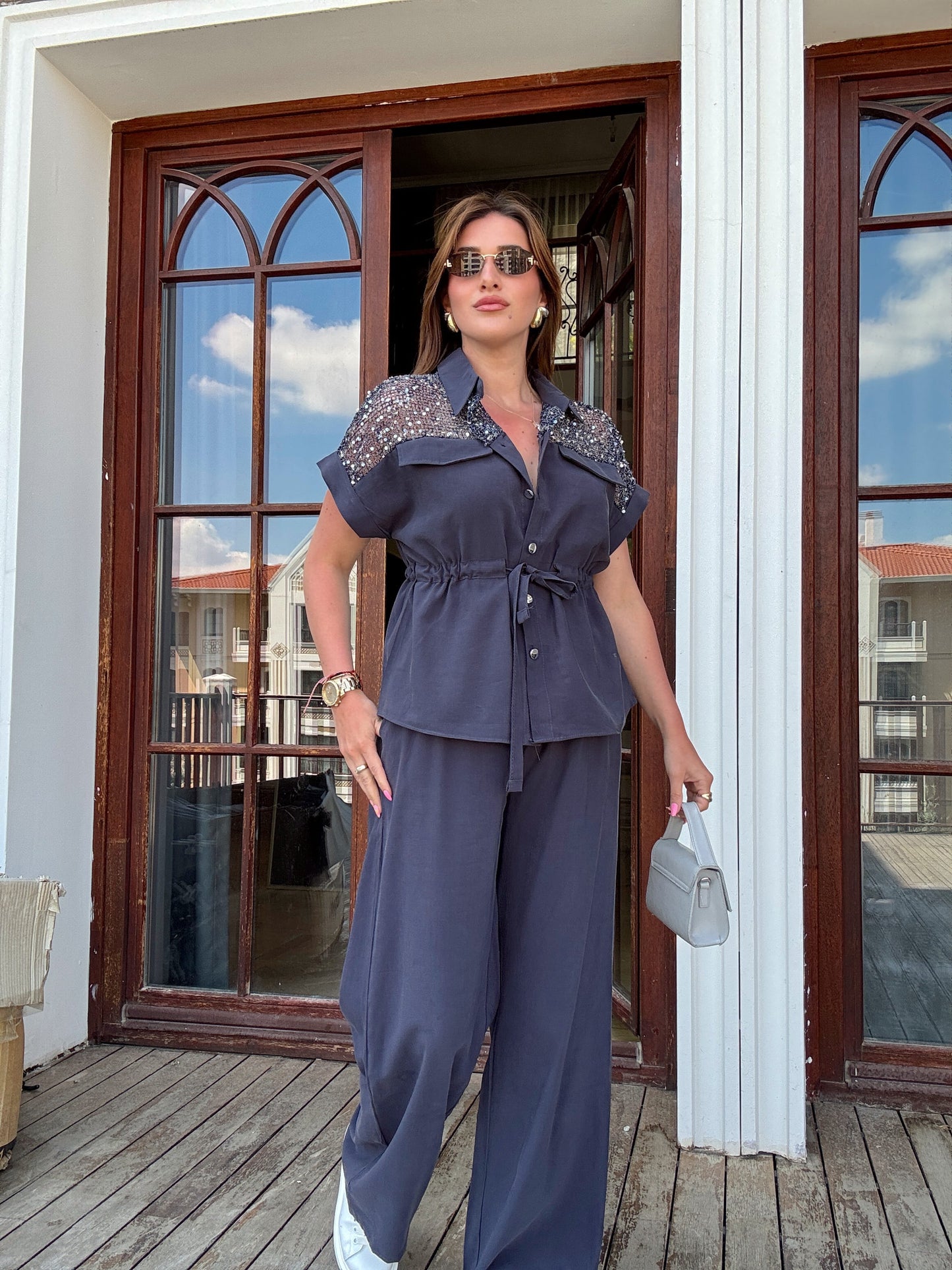 Tensel pul detaylı takım Lacivert
