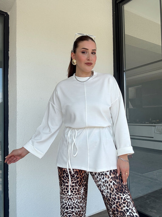 Modal kumaş duble kol tunik-BEYAZ
