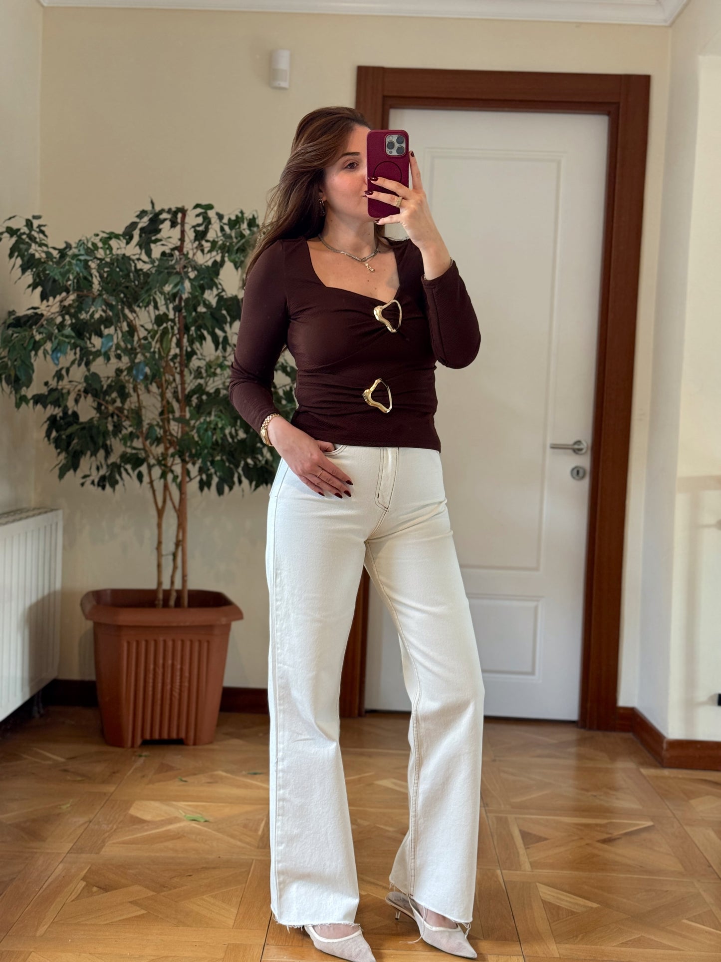 Çift tokalı bluz-KAHVERENGİ