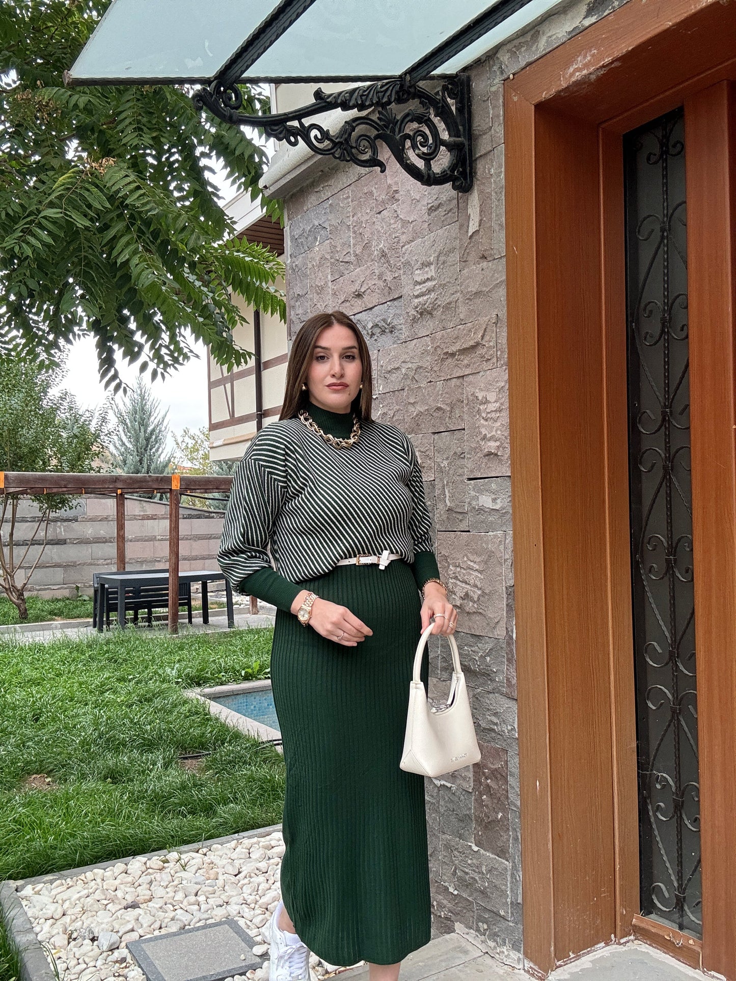 Yatay Çizgili Pikeli Jileli Takım - YEŞİL