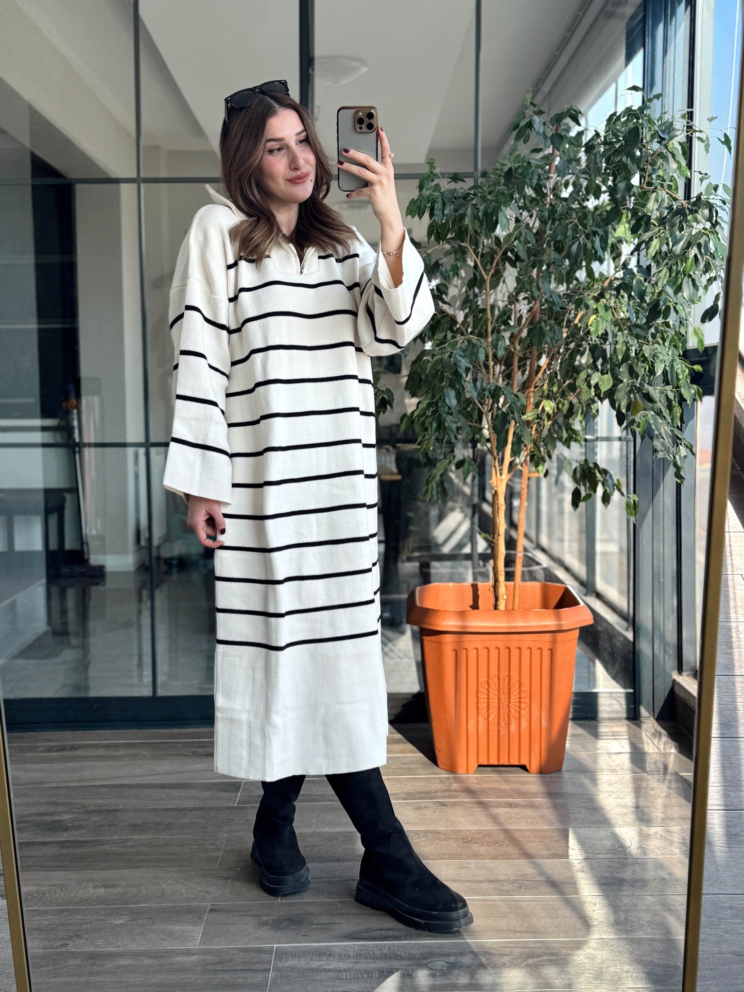 Fermuarlı Çizgili Triko Elbise LATTE