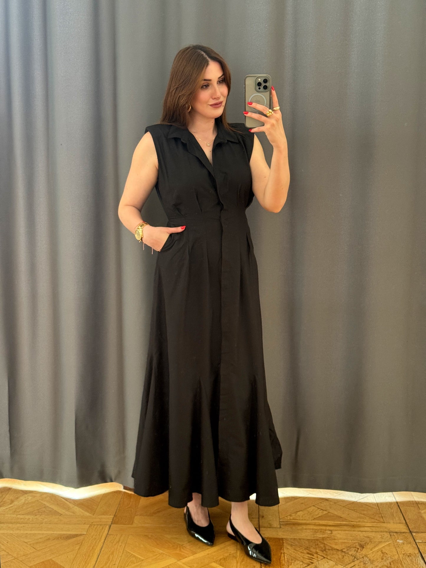 Düğmeli poplin kumaş gömlek elbise - siyah
