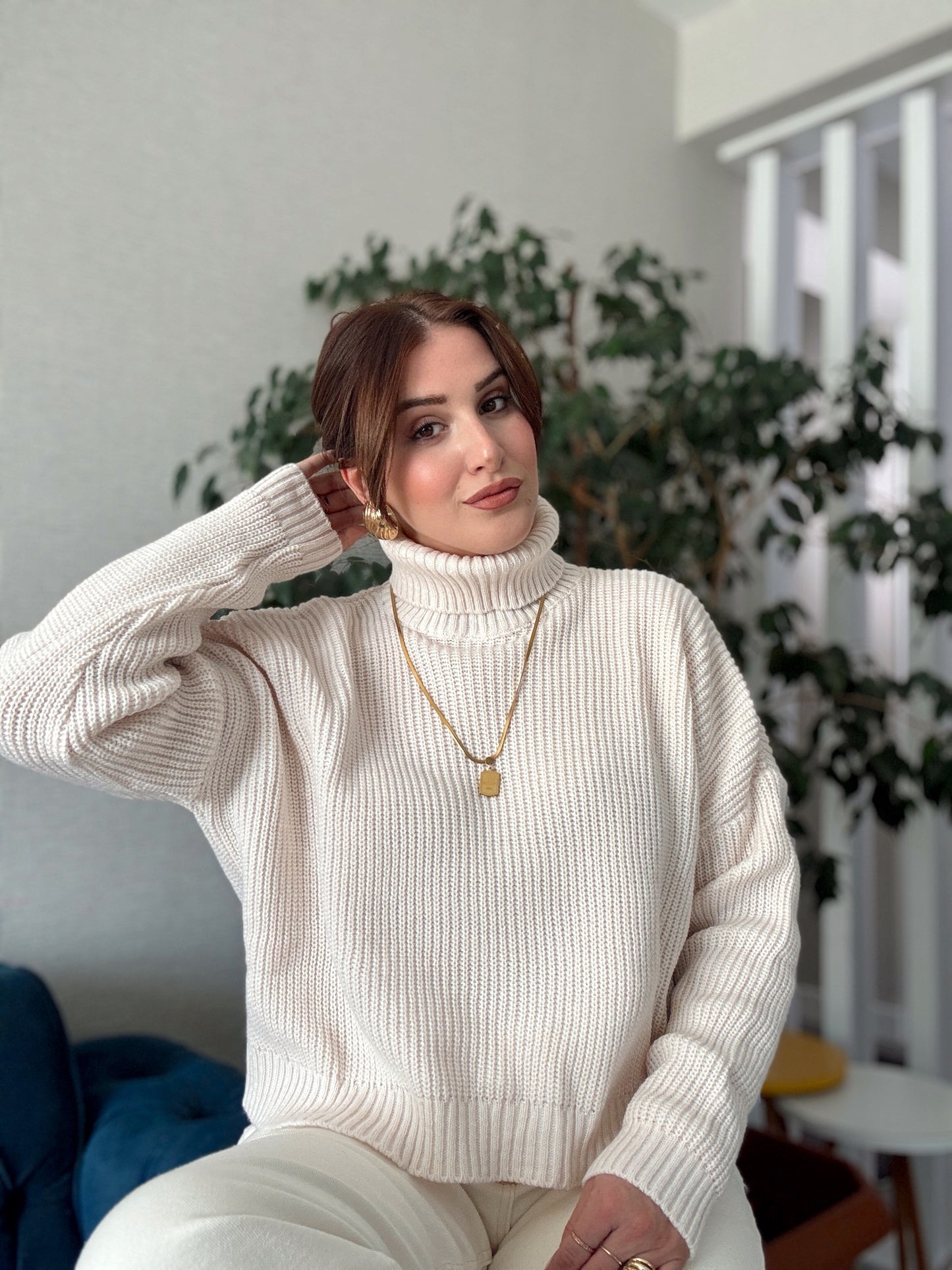 Balıkçı Yaka Selanik Örgü Kazak LATTE