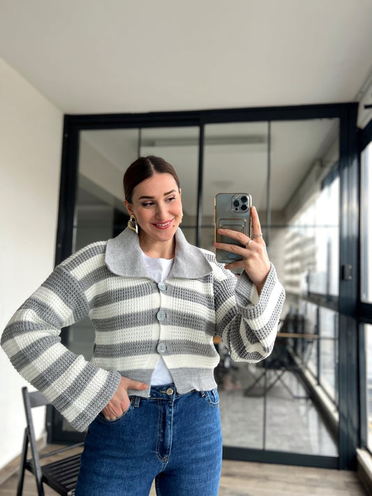 Şal Yaka Triko Hırka - GRİ