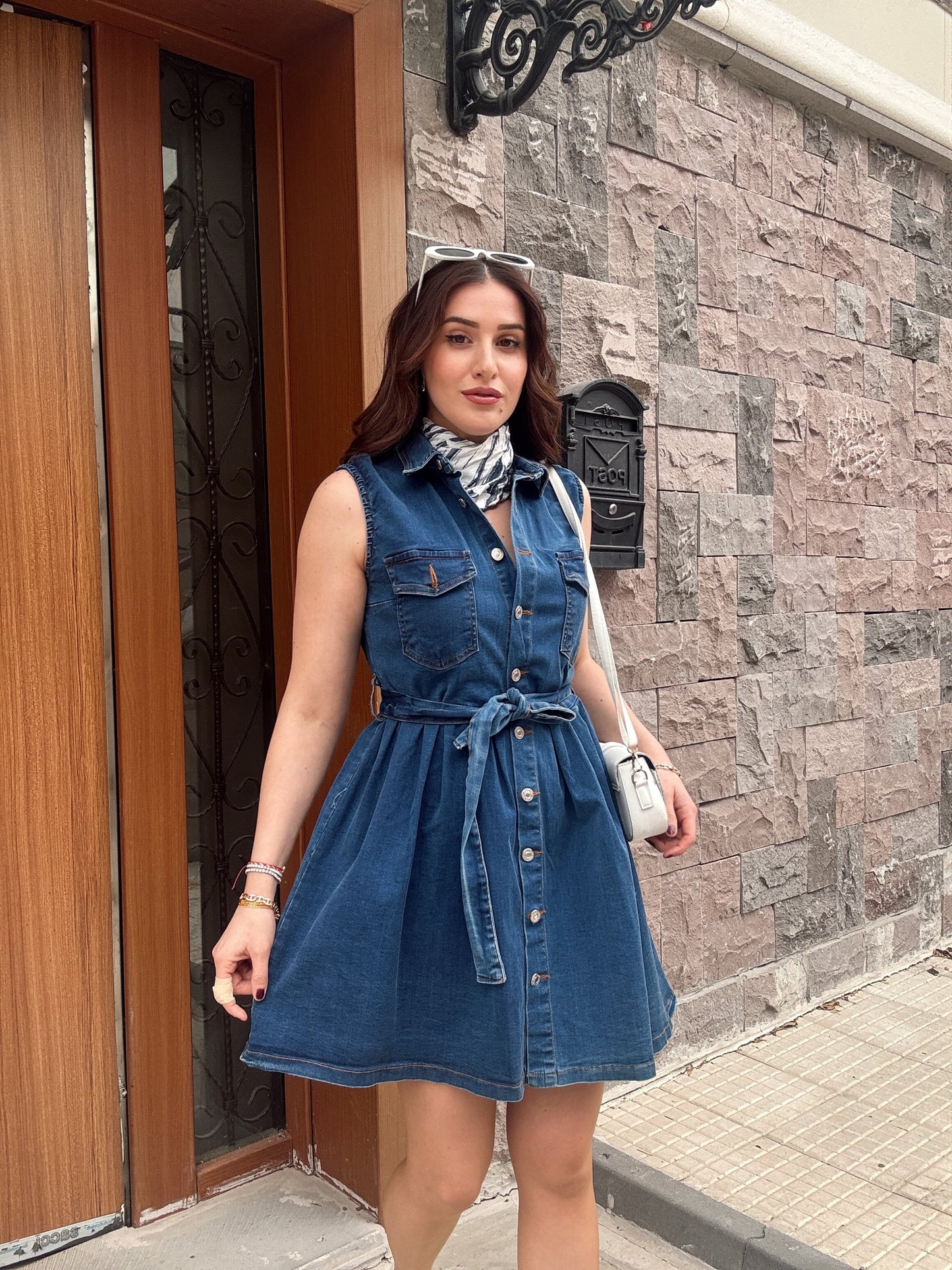 Eteği Volanlı Kuşaklı Denim Elbise KOYU MAVİ