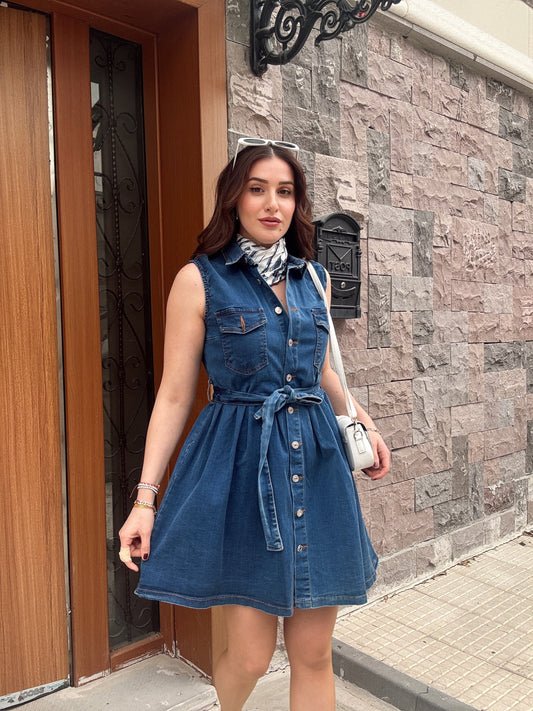 Eteği Volanlı Kuşaklı Denim Elbise KOYU MAVİ