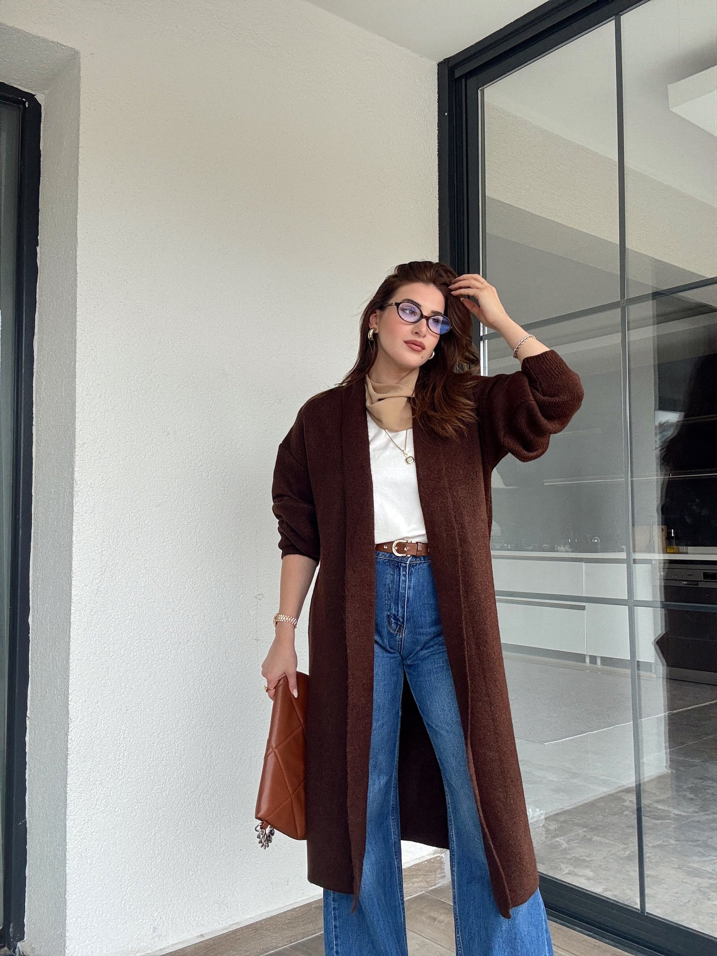 Şardonlu uzun hırka-KAHVERENGİ