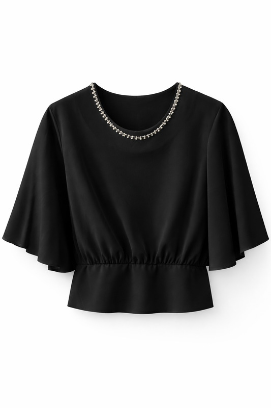 Yakası taş detaylı saten bluz SİYAH