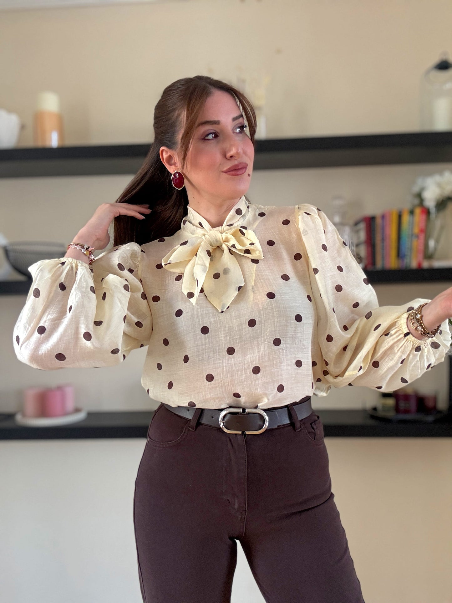 Puantiye desenli viskon gömlek açık Sarı