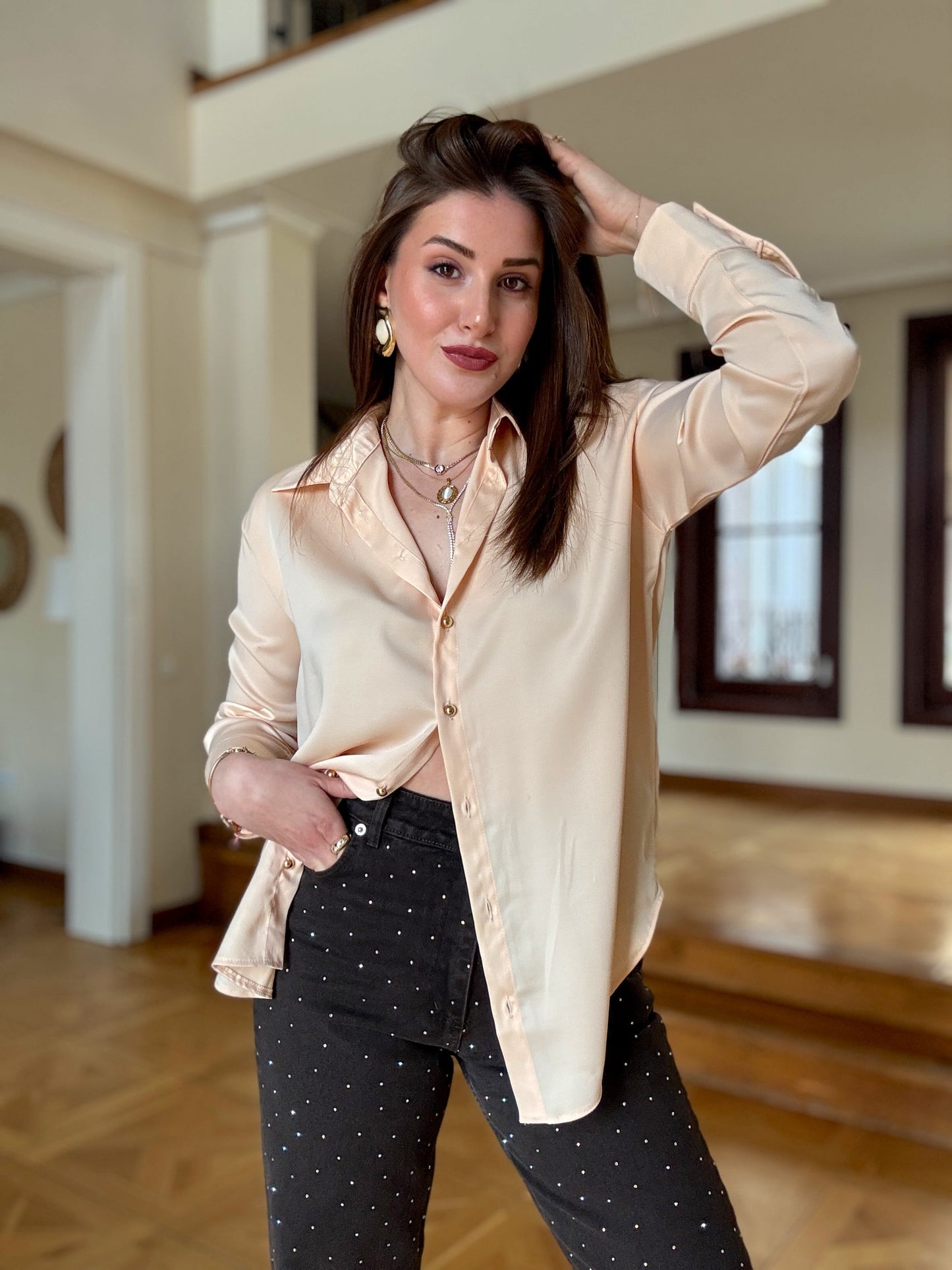 Gold düğme Saten gömlek somon