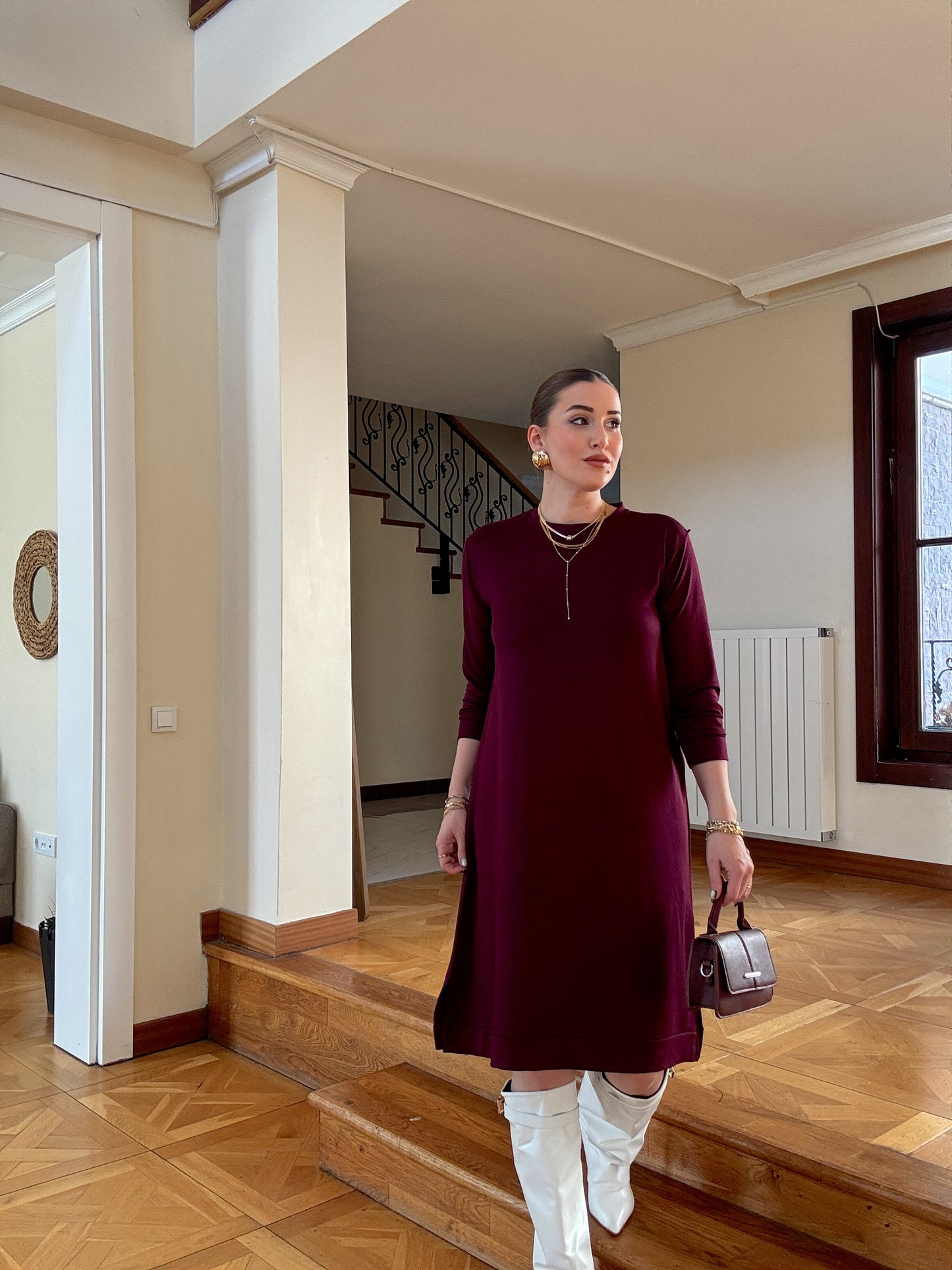 Uzun kol basic elbise Mürdüm