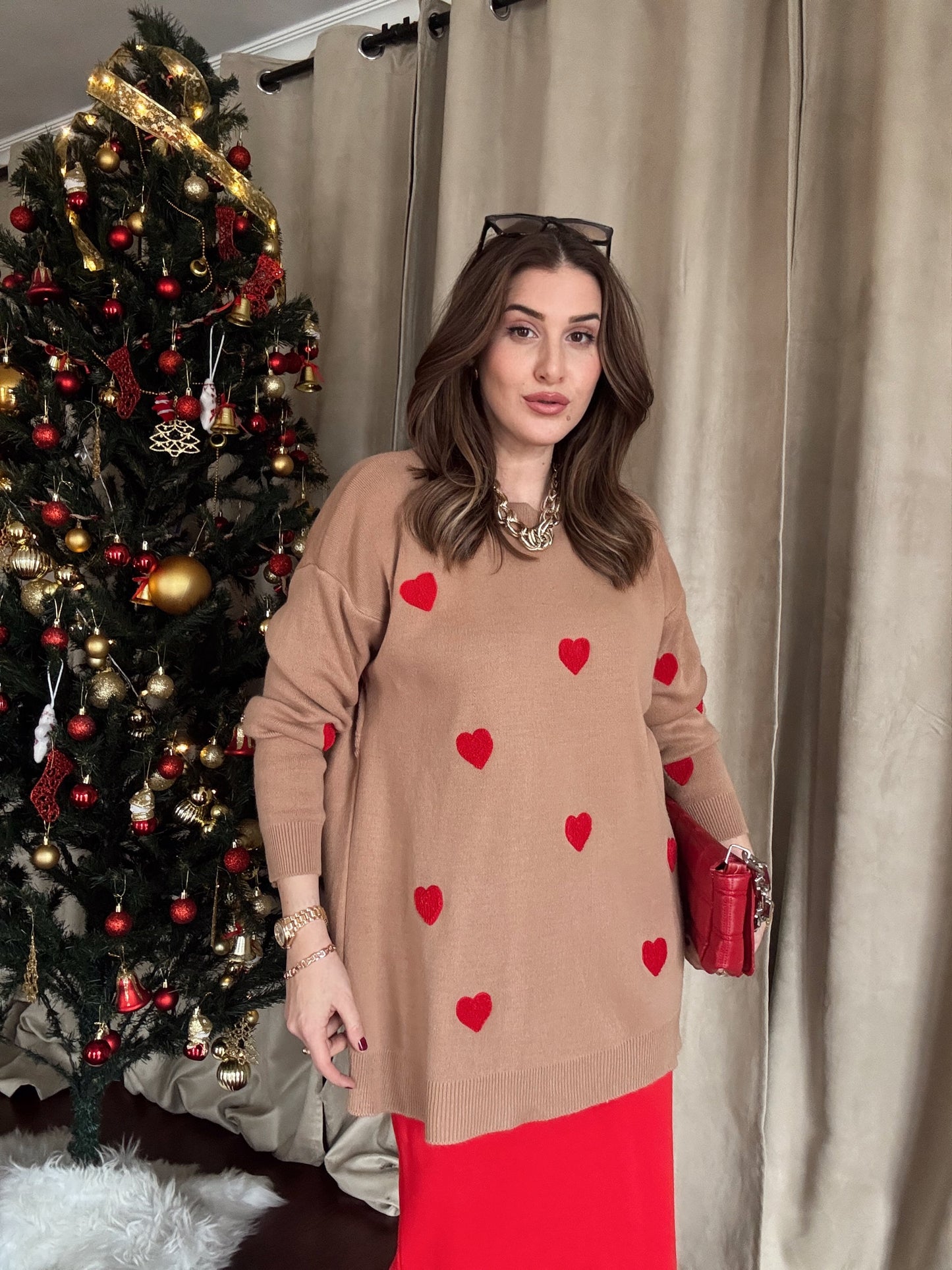 Minik Kalp Detay Triko Kazak - CAMEL