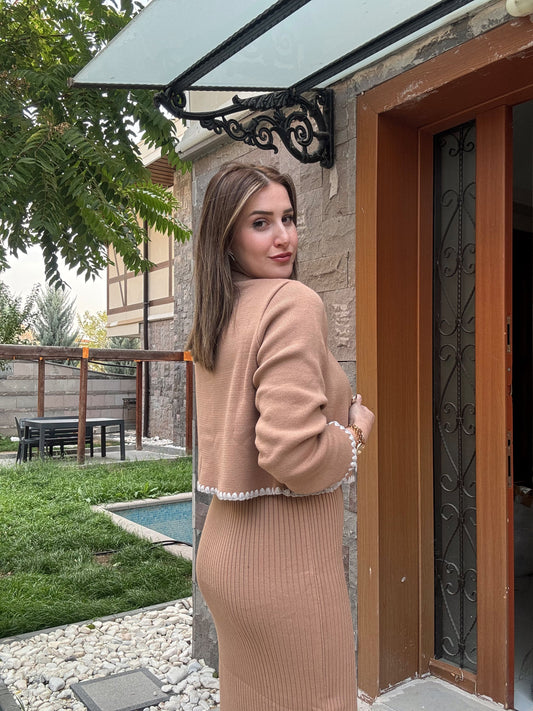 Çoban Dikişli Ceketli Triko Takım - CAMEL