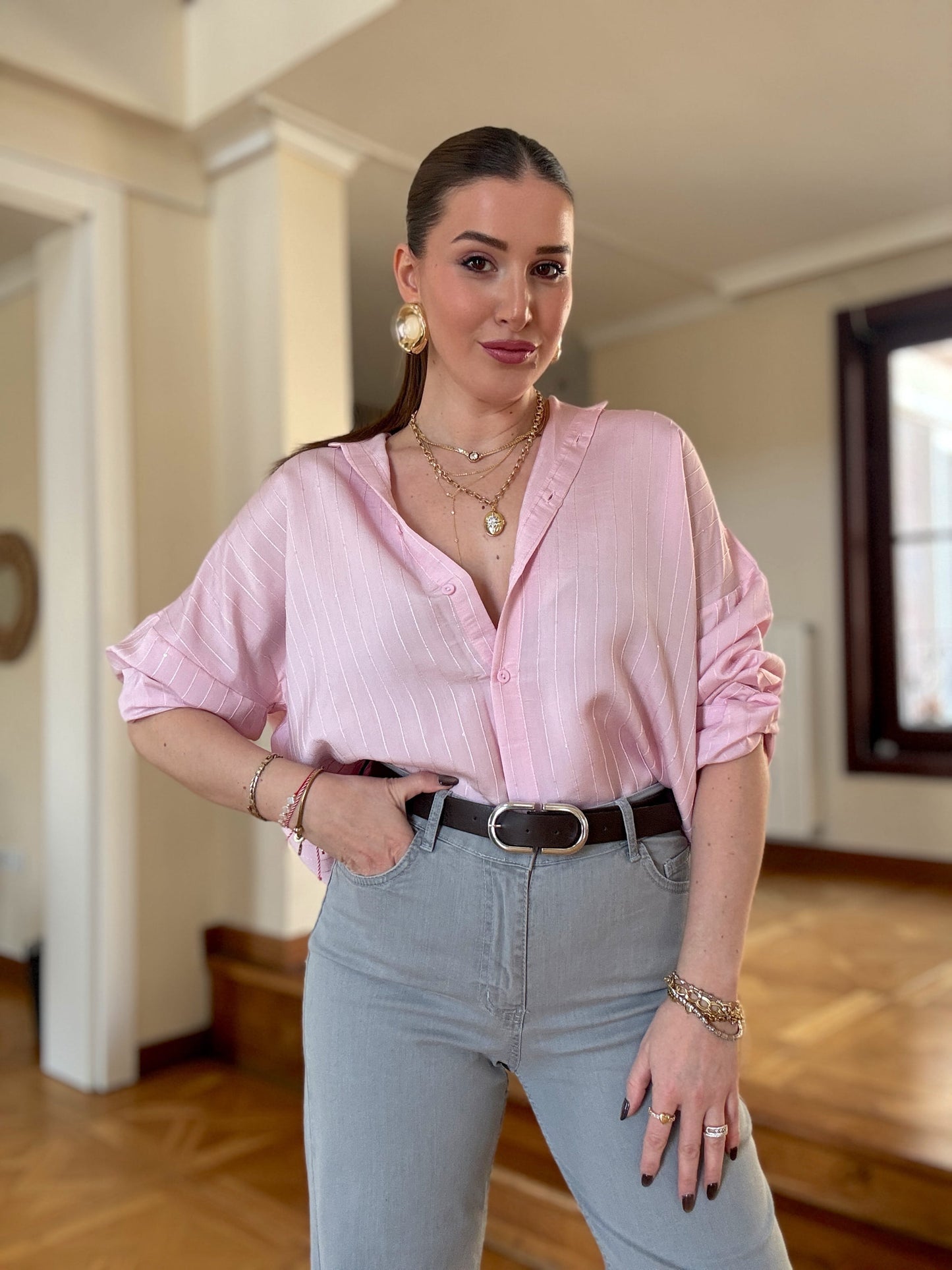 5 Düğme pullu gömlek Pembe
