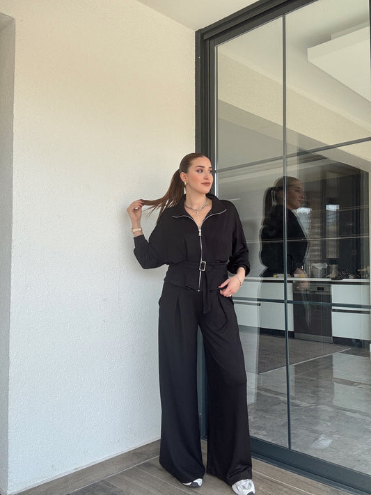 Modal kumaş dik yaka etek pileli ceket pantolon takım-SİYAH