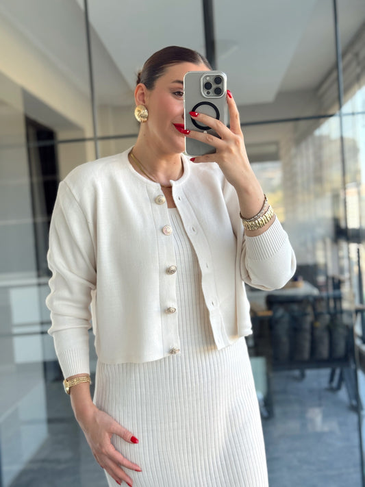 Ceketli Elbiseli Triko Takım Bej