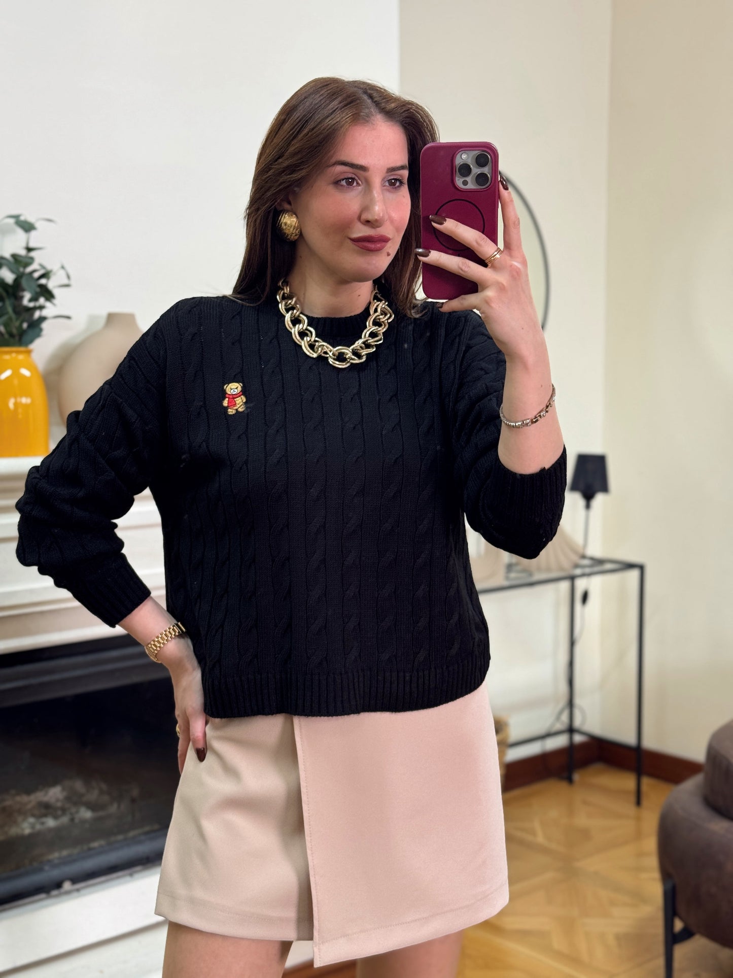 Saç örgü küçük ayıcık işlemeli kazak-SİYAH