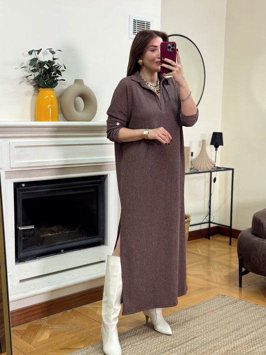 Polo yaka çift yıtmaç elbise-KAHVERENGİ