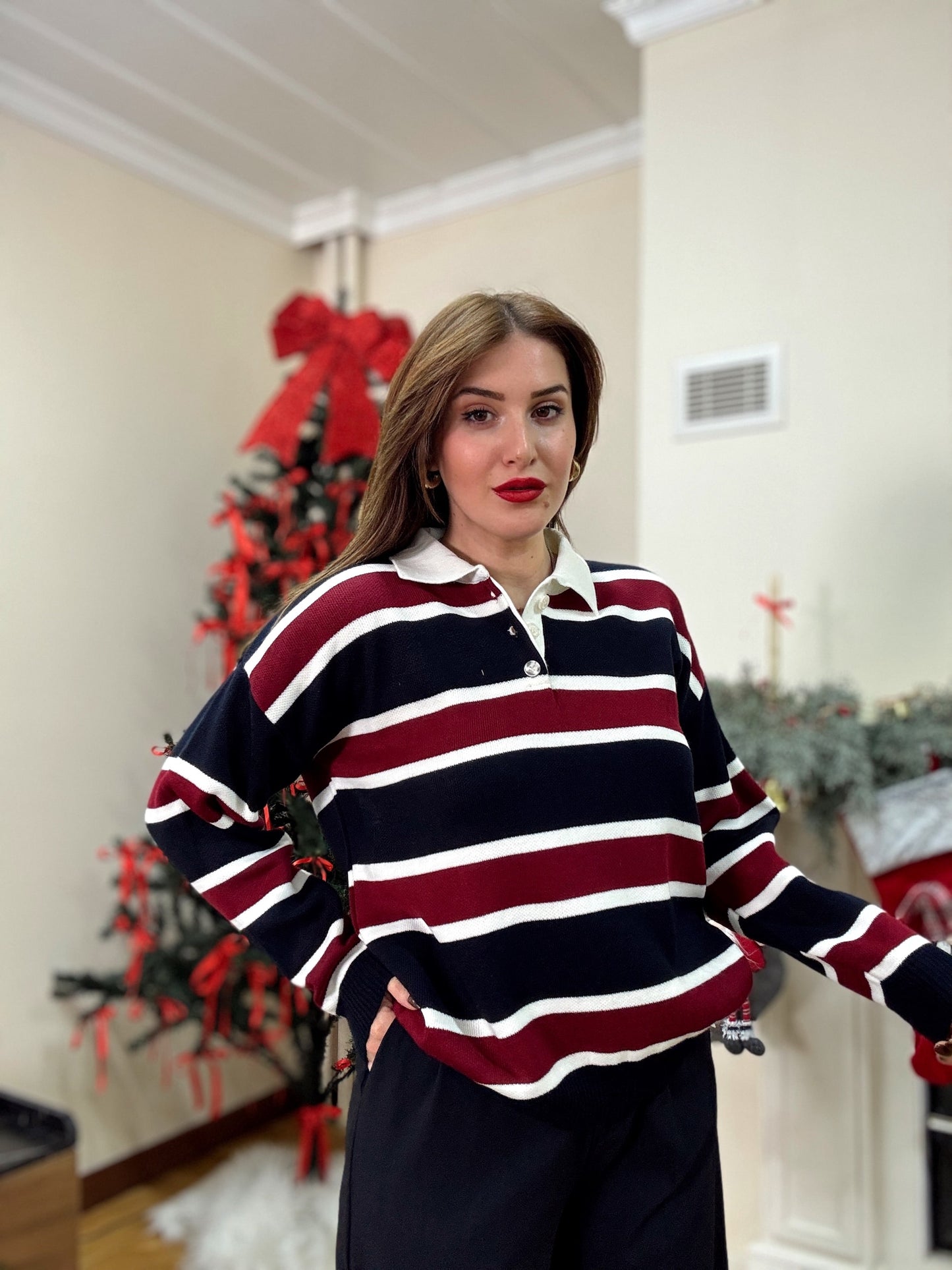 Düğmeli polo yaka triko kazak BORDO-LACİVERT