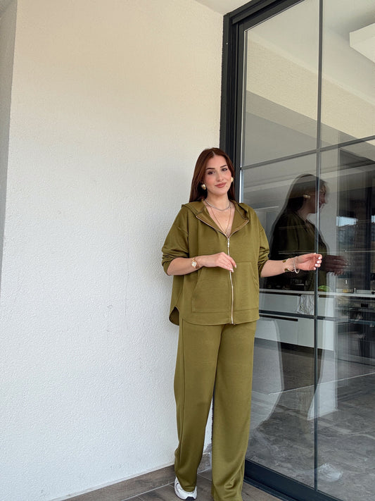 Modal Kapüşonlu İkili Takım Yağ Yeşili