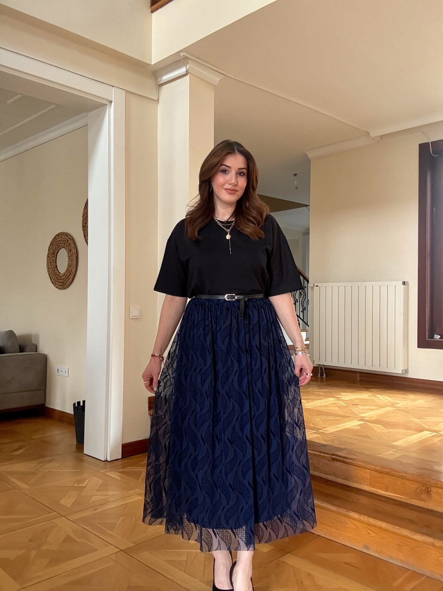 Kemerli Astarlı Şifon Etek Lacivert