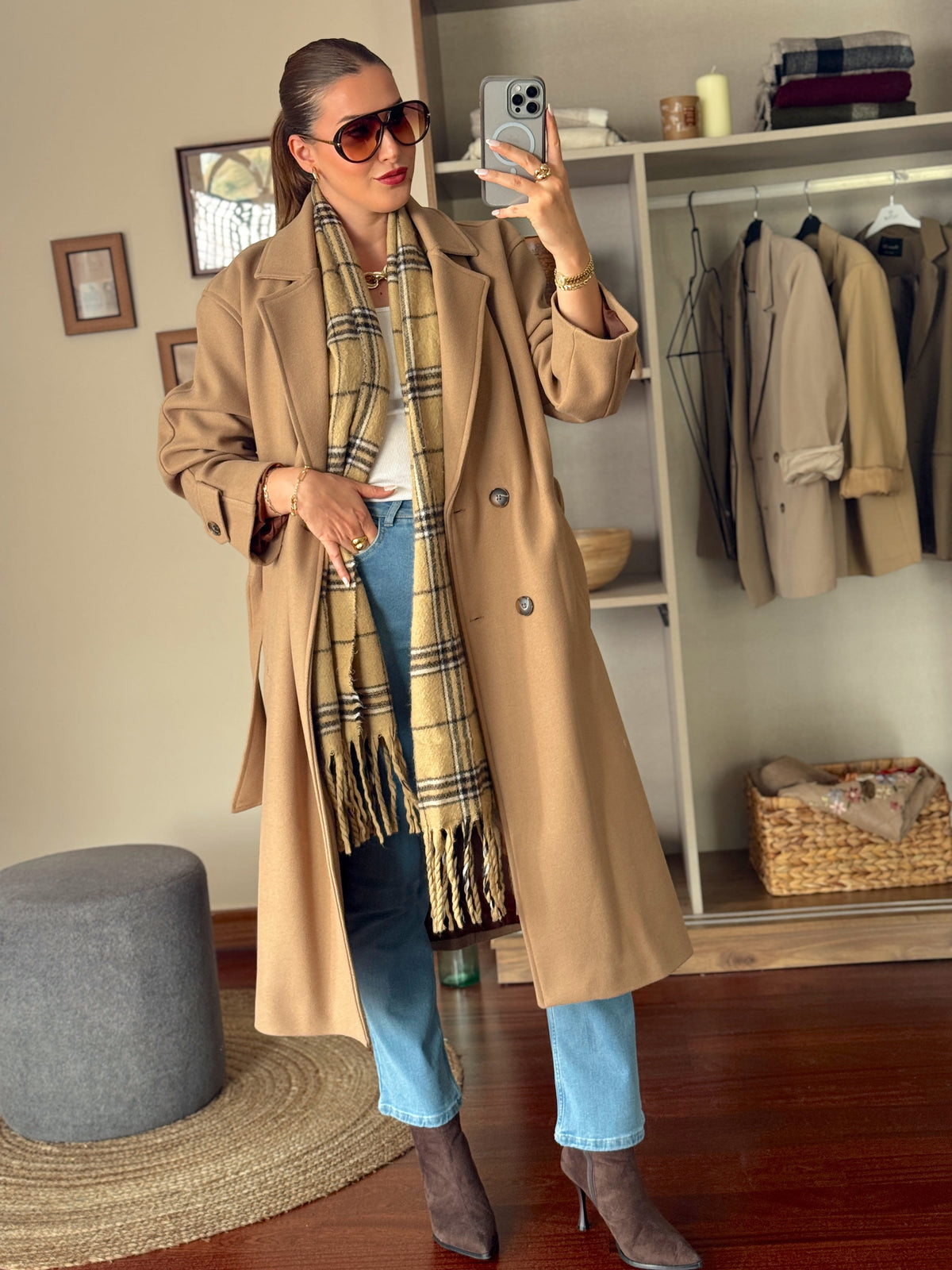 Kolu Apoletli Kaşe Uzun Kaban Camel