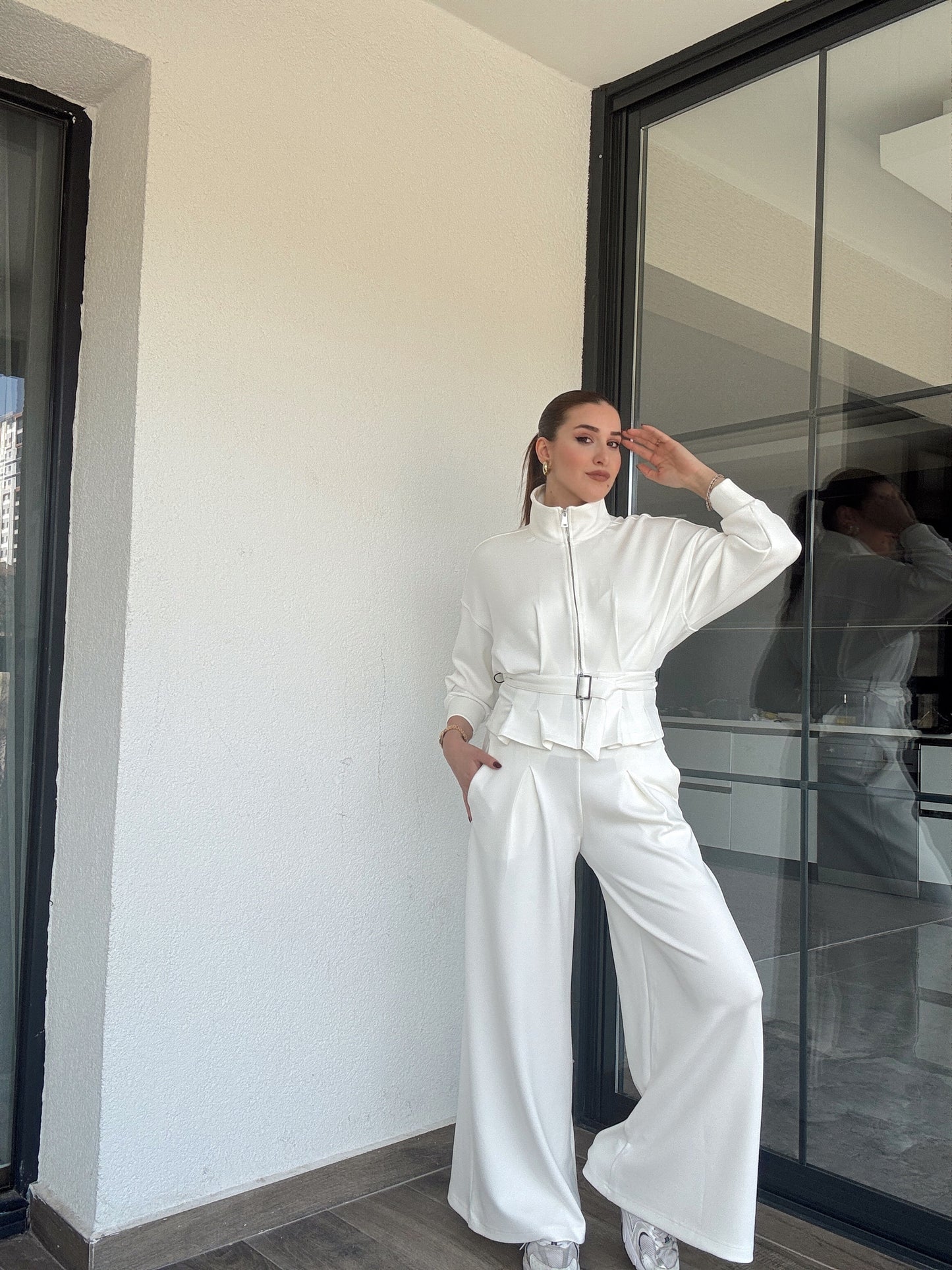 Modal kumaş dik yaka etek pileli ceket pantolon takım-BEYAZ