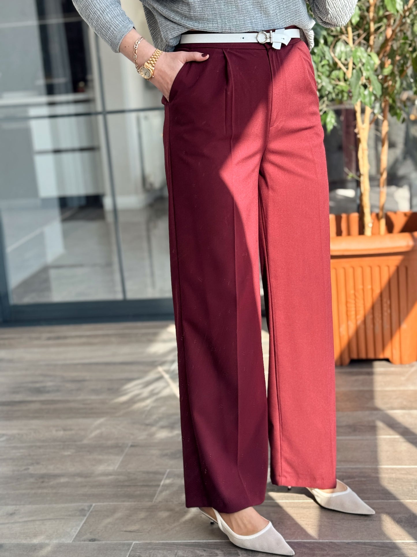 Toledo Beli Lastikli Bol Paça Pantolon - BORDO