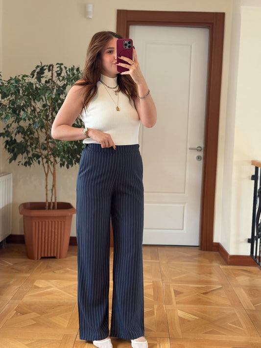 Beli lastikli çizgili pantolon-LACİVERT