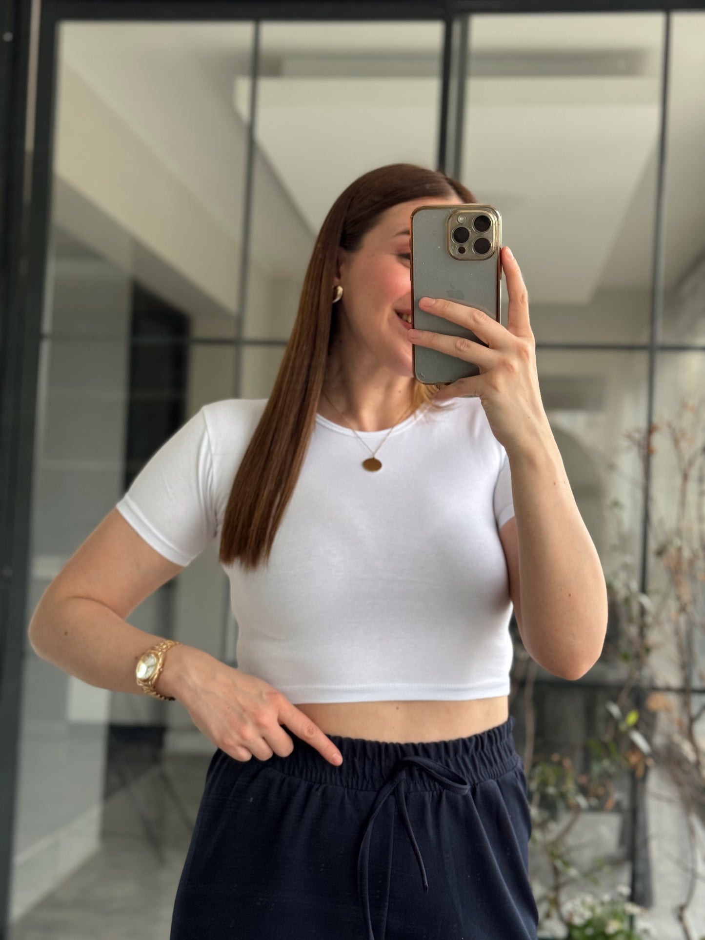 Pamuklu Crop Tişört - BEYAZ