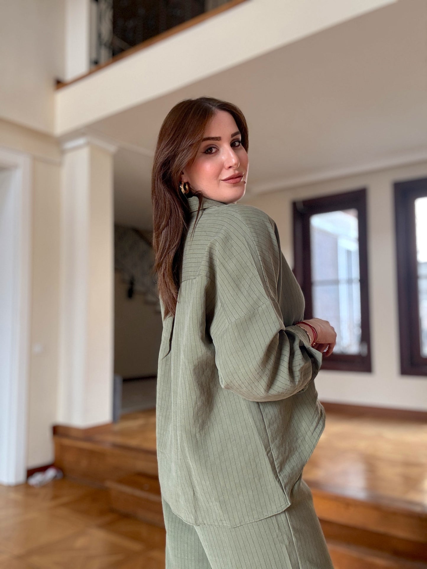 Gömlekli Çizgili Tensel Takım-Yeşil